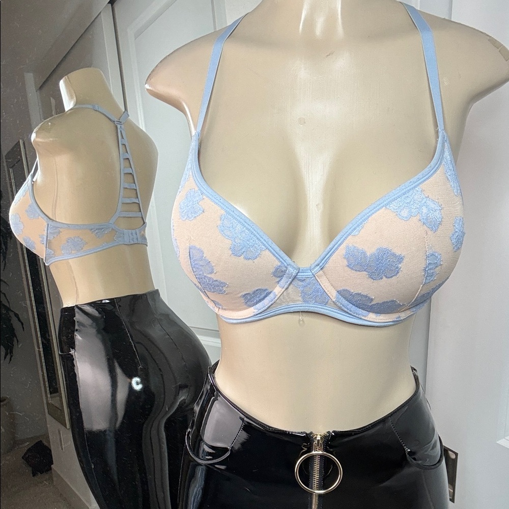 Women's Blue Floral Lace Bra Victoria secret pink 32DD lightly lined  racerback